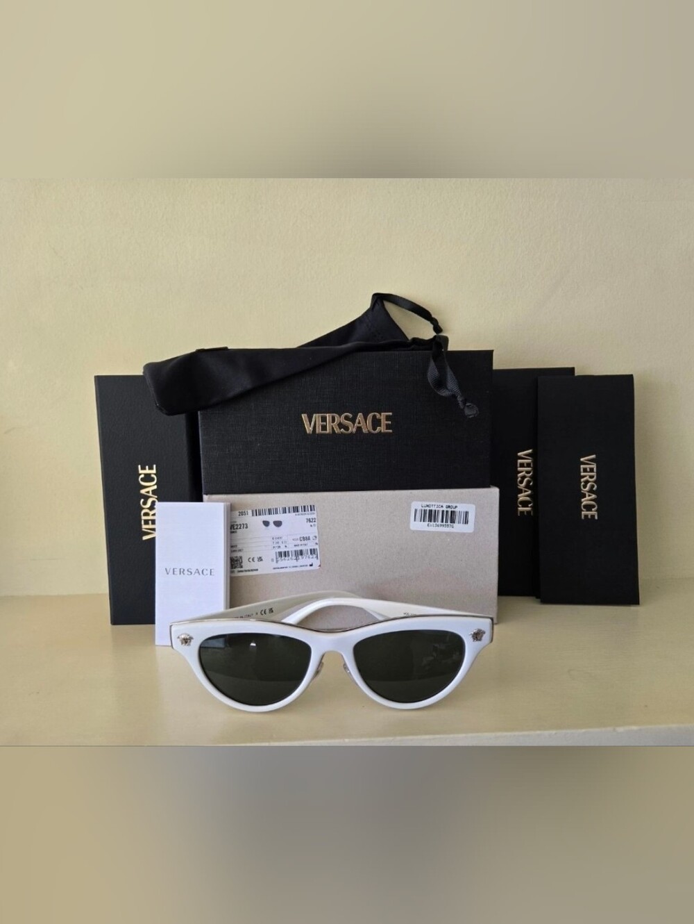 Versace OVE2273 Sunglasses White/Dark Grey Lens 52-17-145 Made In Italy